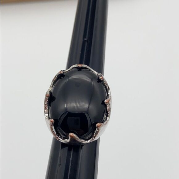 Funky polished black stone & silver tone ring 6.5 - Picture 8 of 16
